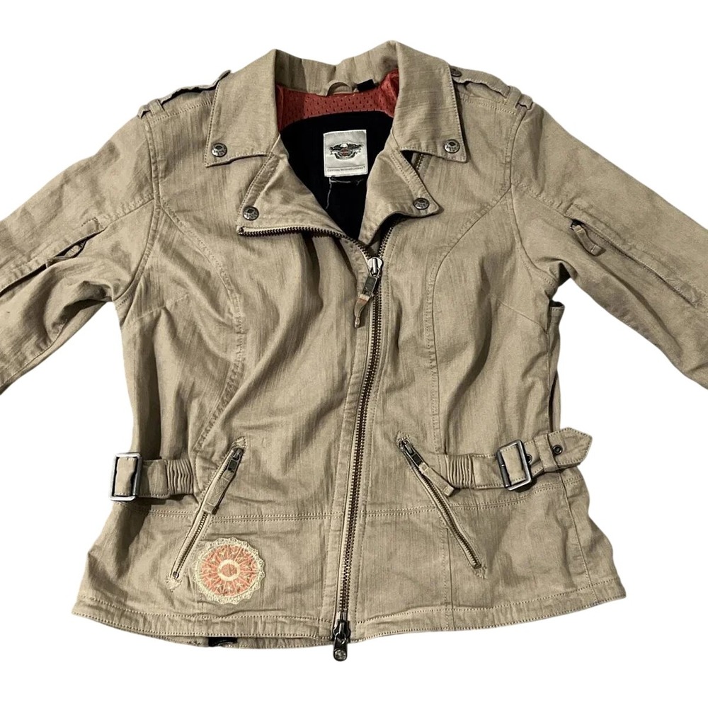 Harley-Davidson Jacket Moto Biker Canvas Textile Riding XL Tan Motorcycle Patch